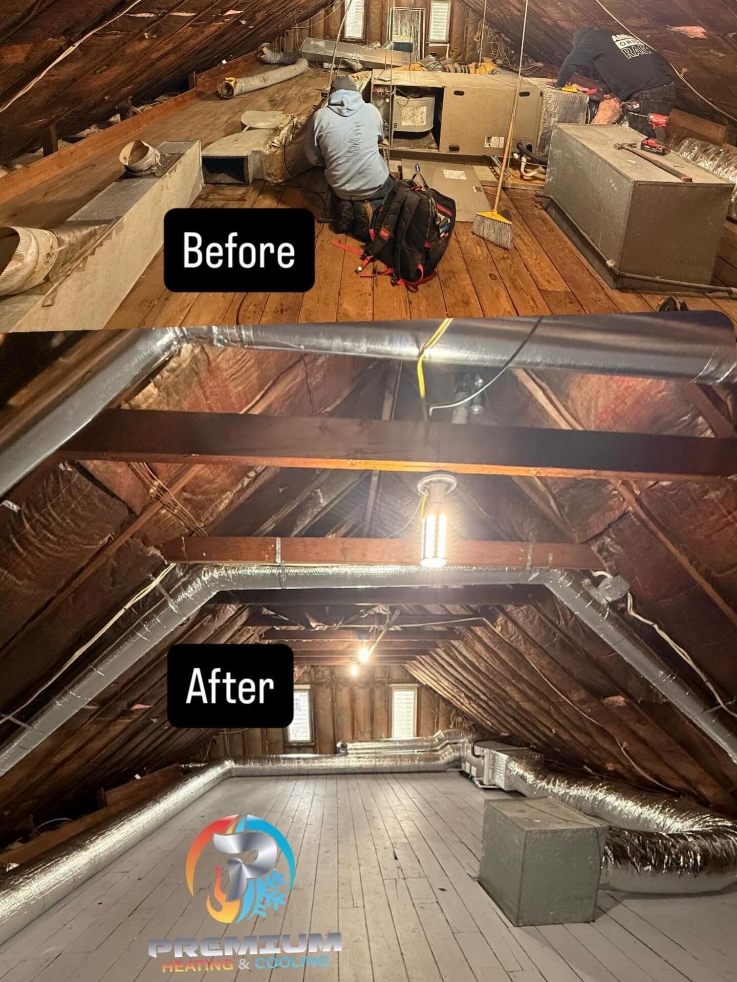 Attic ductwork before renovation, showing the old inefficient duct layout